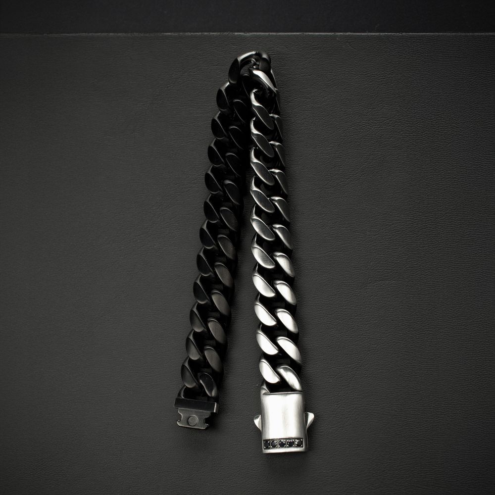 Men's GEMINI EQUINOX: 12mm Black IP Matte Steel Cuban Chain with Black Sapphire Clasp Reversible Bracelet