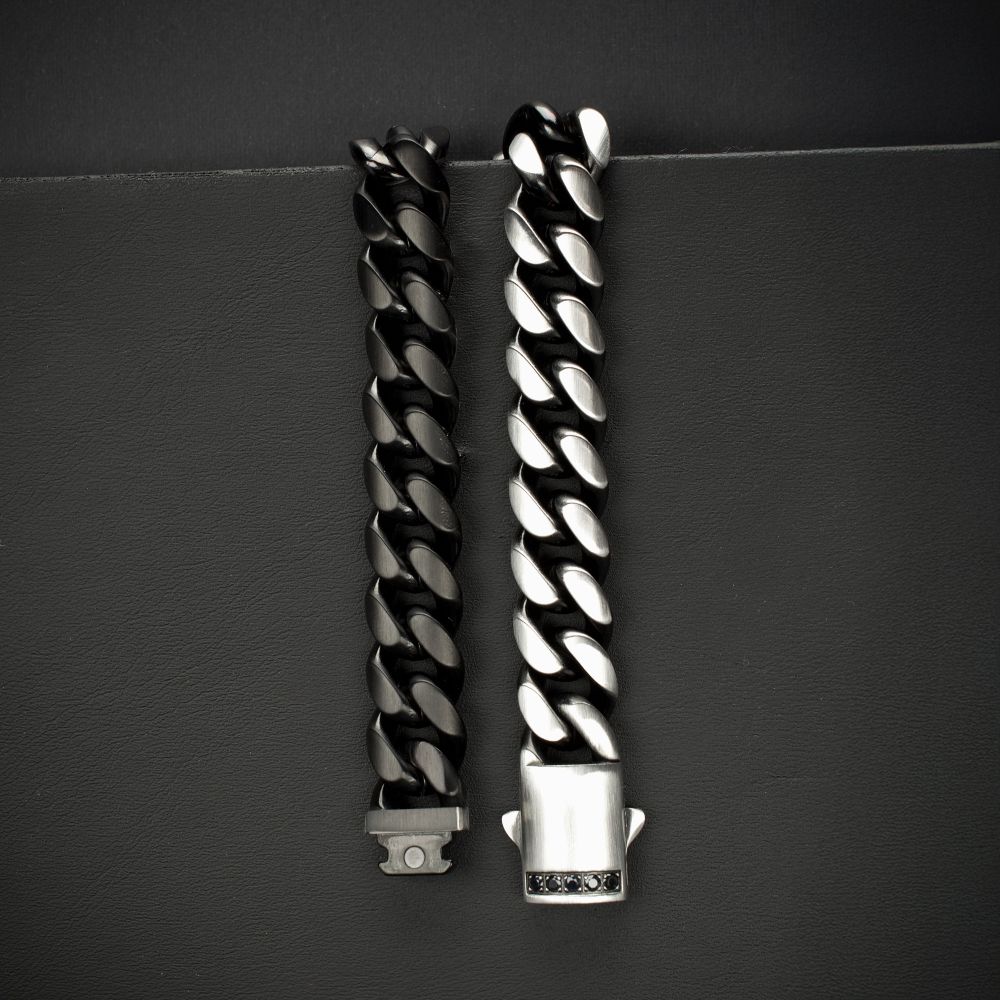 Men's GEMINI EQUINOX: 12mm Black IP Matte Steel Cuban Chain with Black Sapphire Clasp Reversible Bracelet