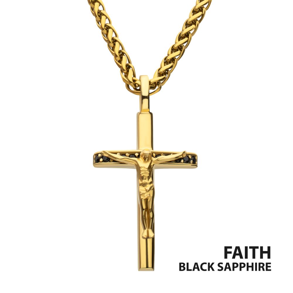 Men's 14K Gold IP Crucifix Pendant with Black Sapphire & Wheat Chain