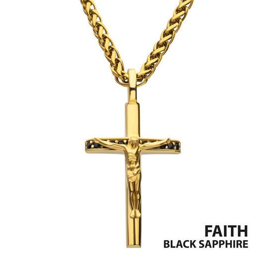 Men's 14K Gold IP Crucifix Pendant with Black Sapphire & Wheat Chain