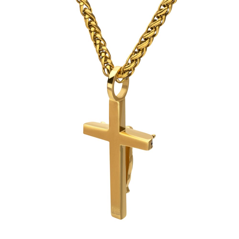 Men's 14K Gold IP Crucifix Pendant with Black Sapphire & Wheat Chain