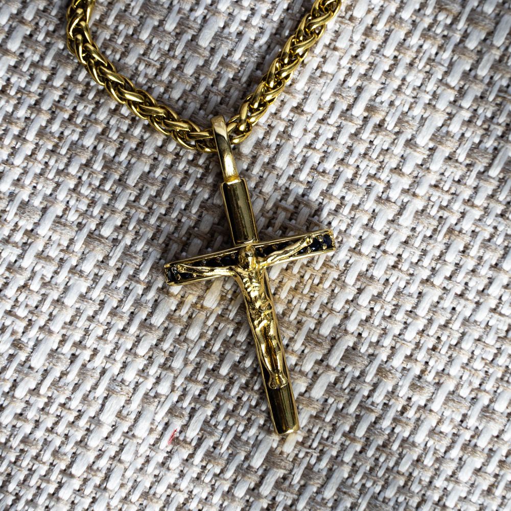 Men's 14K Gold IP Crucifix Pendant with Black Sapphire & Wheat Chain