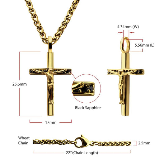 Men's 14K Gold IP Crucifix Pendant with Black Sapphire & Wheat Chain