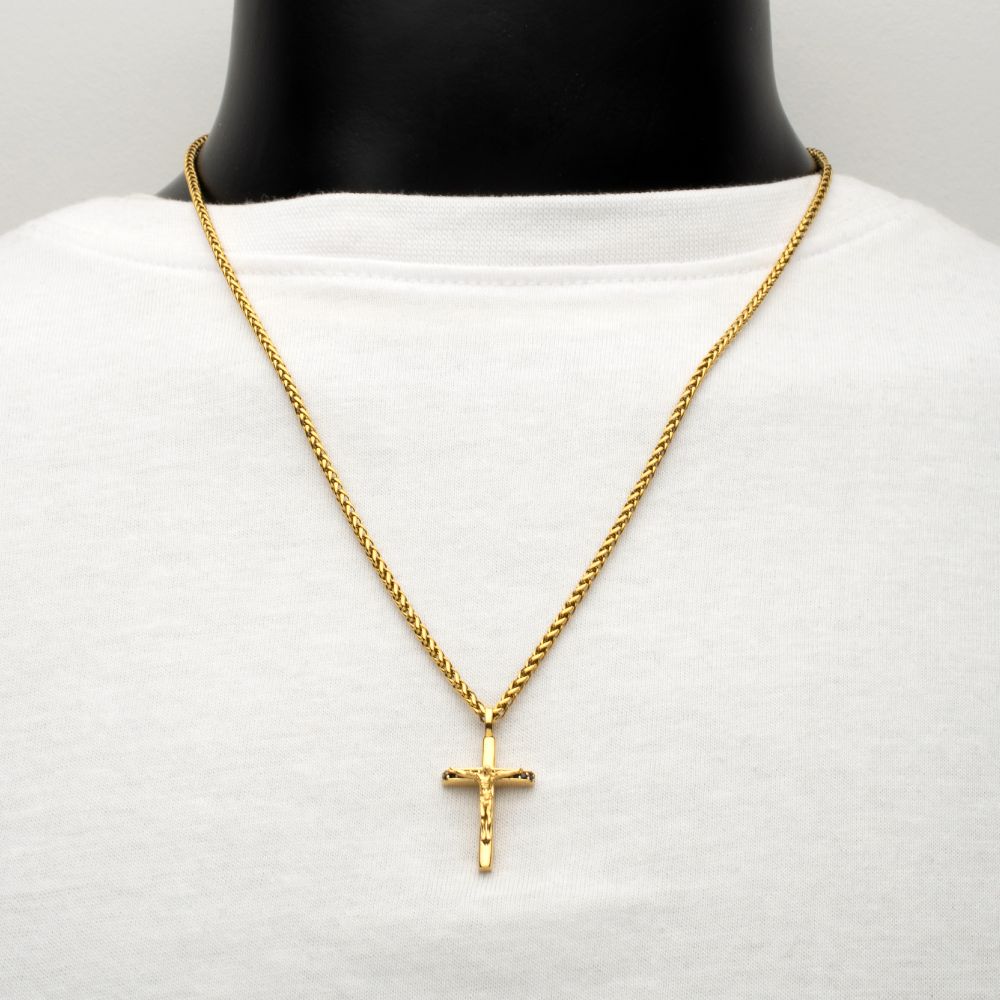 Men's 14K Gold IP Crucifix Pendant with Black Sapphire & Wheat Chain