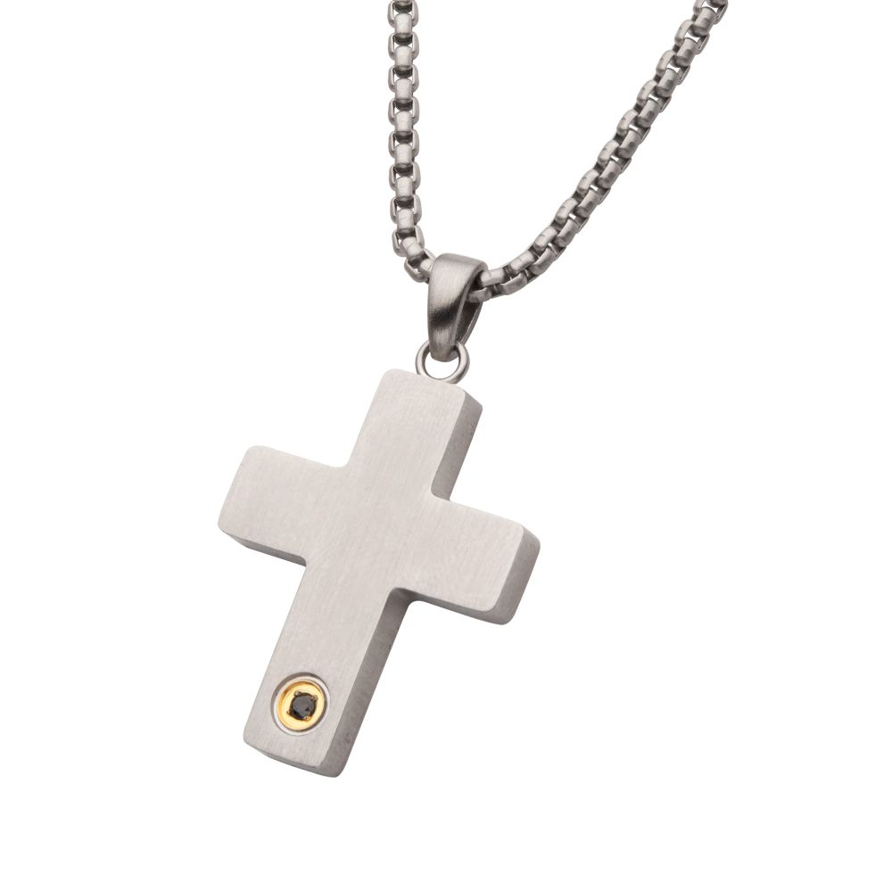 Men's Black Sapphire Matte Stainless Steel Engravable Cross Pendant