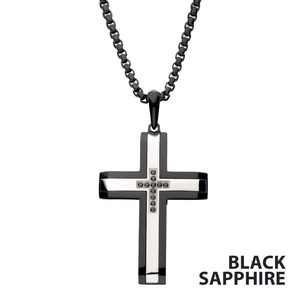Men’s Black IP Steel Cross Pendant Necklace with Genuine Black Sapphire