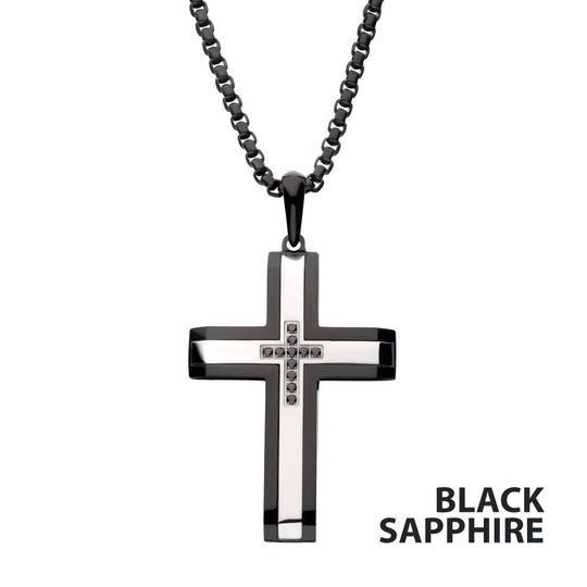 Men’s Black IP Steel Cross Pendant Necklace with Genuine Black Sapphire