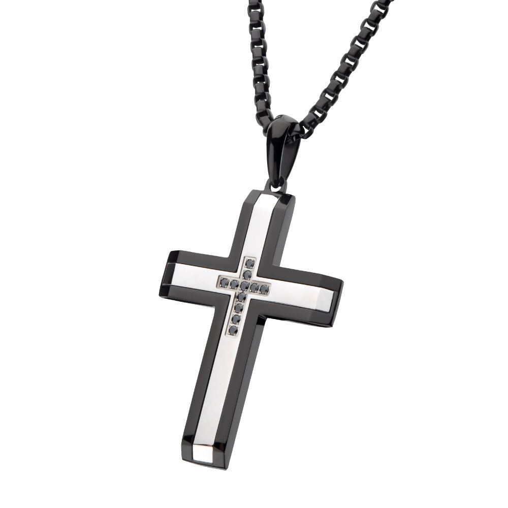 Men’s Black IP Steel Cross Pendant Necklace with Genuine Black Sapphire