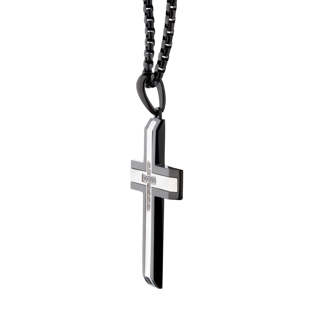 Men’s Black IP Steel Cross Pendant Necklace with Genuine Black Sapphire