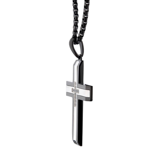 Men’s Black IP Steel Cross Pendant Necklace with Genuine Black Sapphire