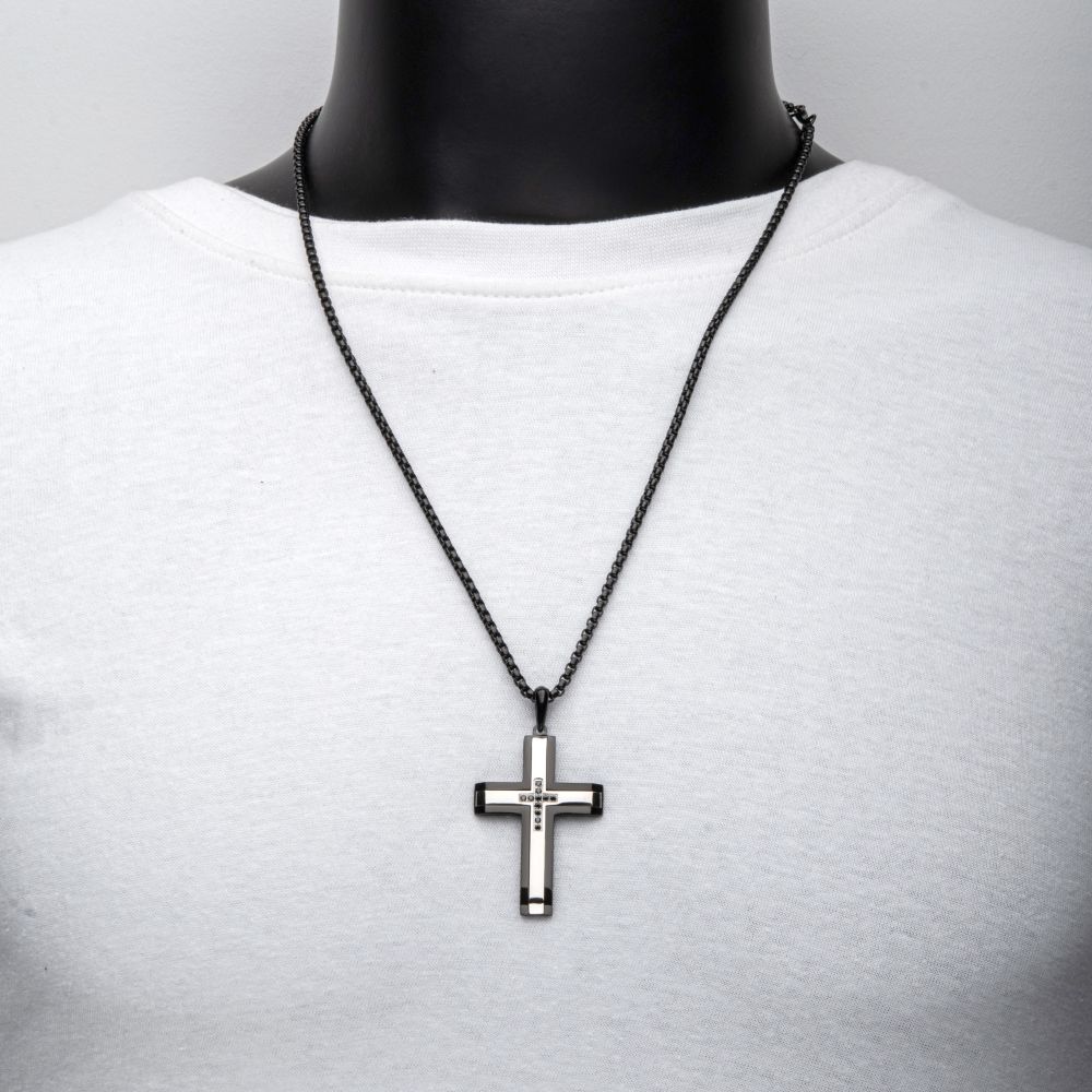 Men’s Black IP Steel Cross Pendant Necklace with Genuine Black Sapphire
