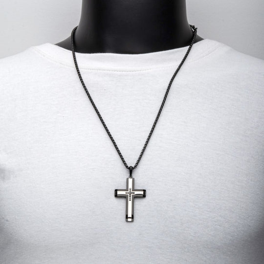 Men’s Black IP Steel Cross Pendant Necklace with Genuine Black Sapphire