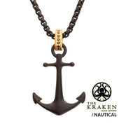 Black IP Steel Matte Finish Kraken Anchor Pendant with Golden Glint of Black Sapphire Bail