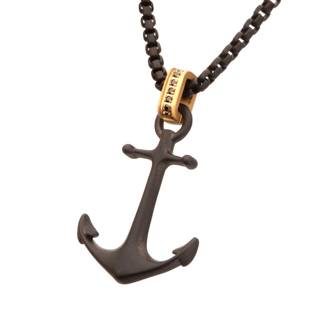 Black IP Steel Matte Finish Kraken Anchor Pendant with Golden Glint of Black Sapphire Bail