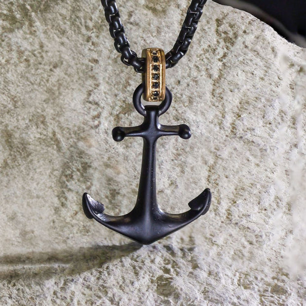 Black IP Steel Matte Finish Kraken Anchor Pendant with Golden Glint of Black Sapphire Bail