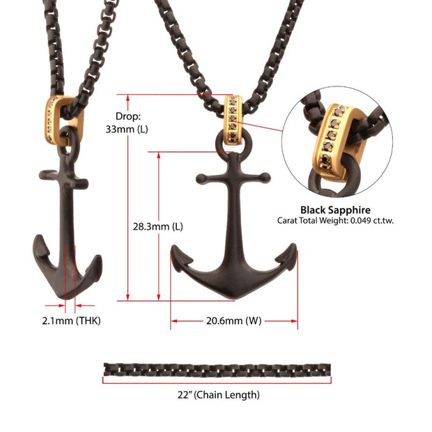Black IP Steel Matte Finish Kraken Anchor Pendant with Golden Glint of Black Sapphire Bail