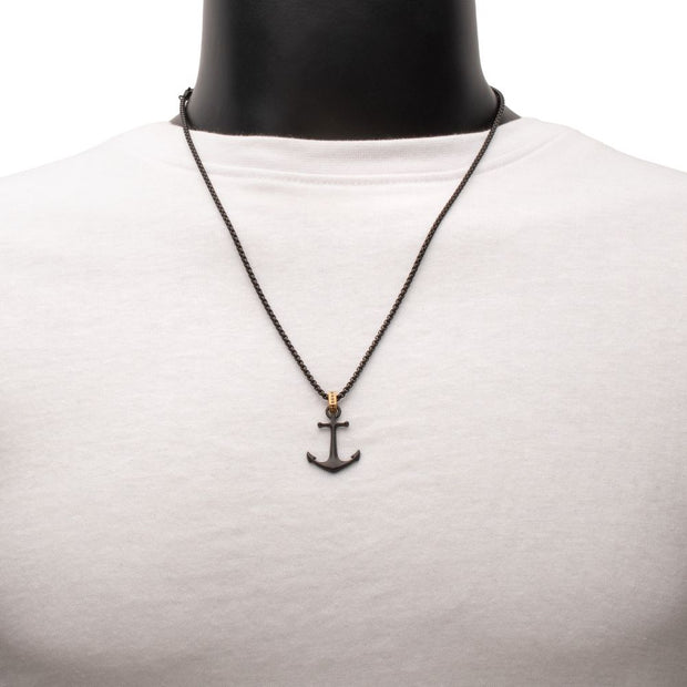 Black IP Steel Matte Finish Kraken Anchor Pendant with Golden Glint of Black Sapphire Bail