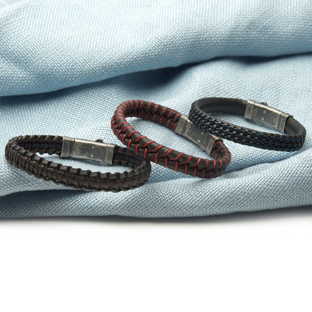 Men's Black & Blue Braided Leather Bracelet with Sterling Silver Clasp
