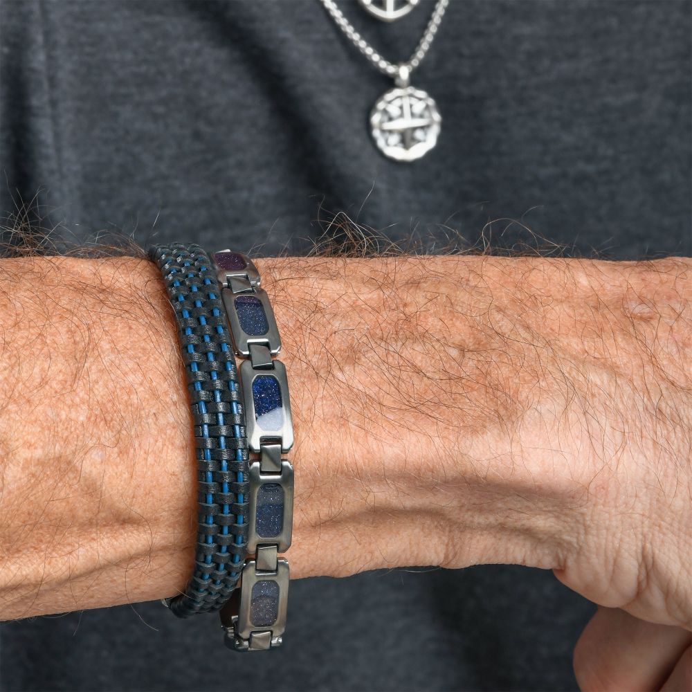 Men's Black & Blue Braided Leather Bracelet with Sterling Silver Clasp