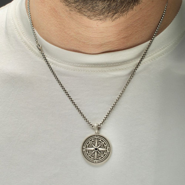 925 Sterling Silver Magellan Compass Pendant with Faceted Black Spinel