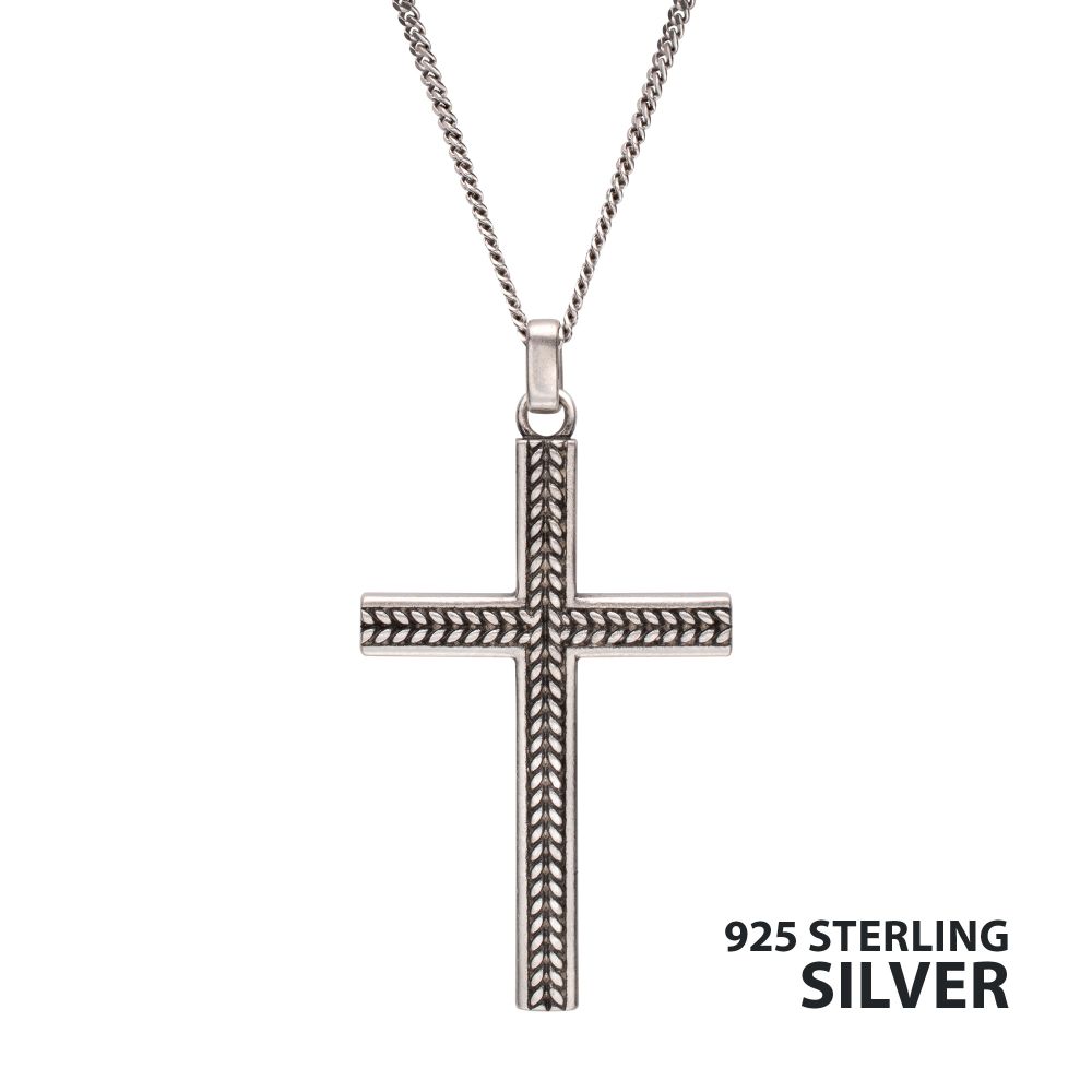 Men’s 925 Sterling Silver Chevron Cross Pendant with Box Chain