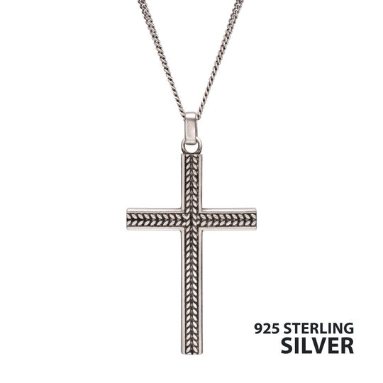 Men’s 925 Sterling Silver Chevron Cross Pendant with Box Chain