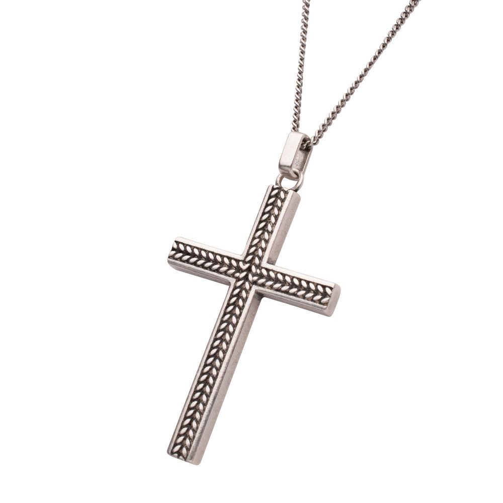 Men’s 925 Sterling Silver Chevron Cross Pendant with Box Chain