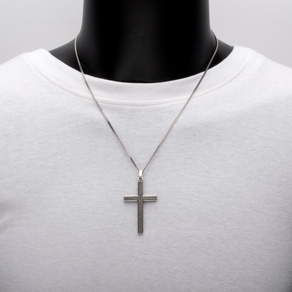 Men’s 925 Sterling Silver Chevron Cross Pendant with Box Chain