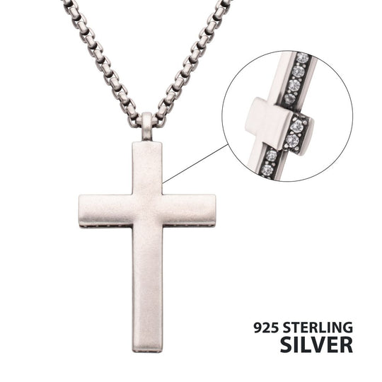 Men's 925 Sterling Silver Side Gem Cross Pendant with Antiqued Finish Box Chain