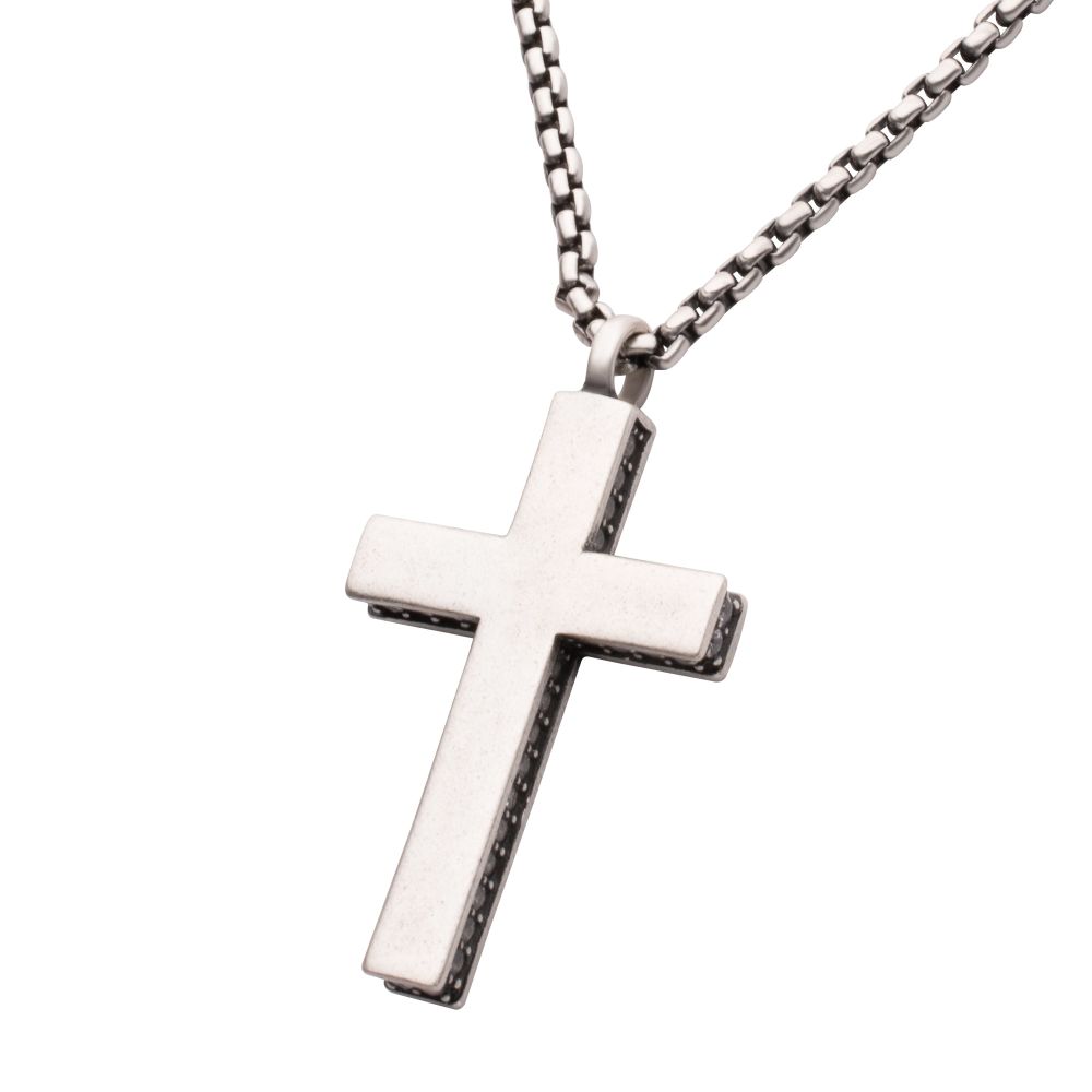 Men's 925 Sterling Silver Side Gem Cross Pendant with Antiqued Finish Box Chain