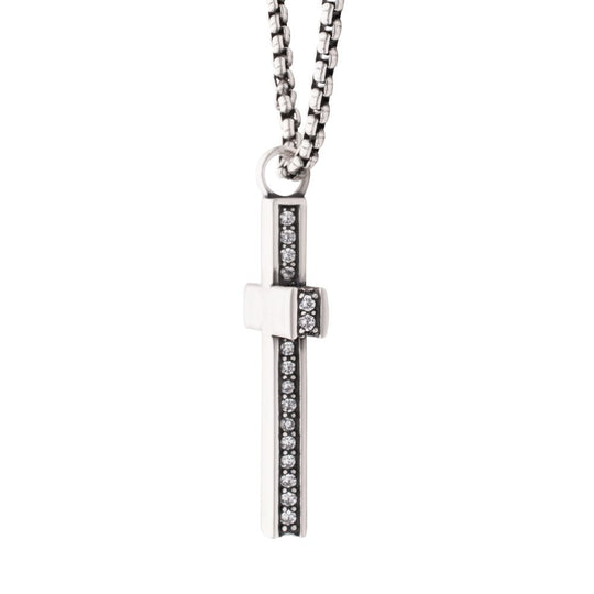 Men's 925 Sterling Silver Side Gem Cross Pendant with Antiqued Finish Box Chain