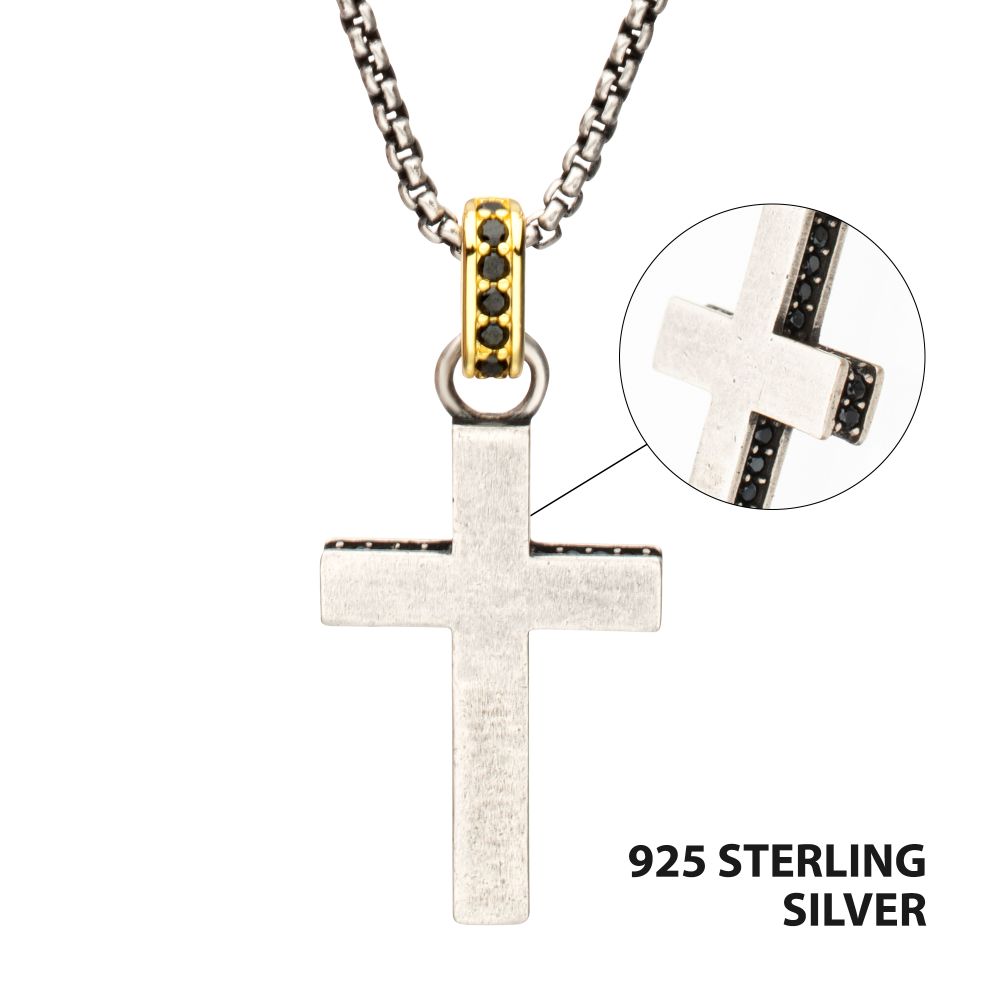Men's Sterling Silver Cross Pendant with Black Spinel & Gold IP Bail