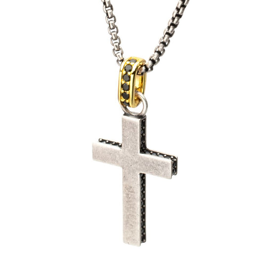 Men's Sterling Silver Cross Pendant with Black Spinel & Gold IP Bail