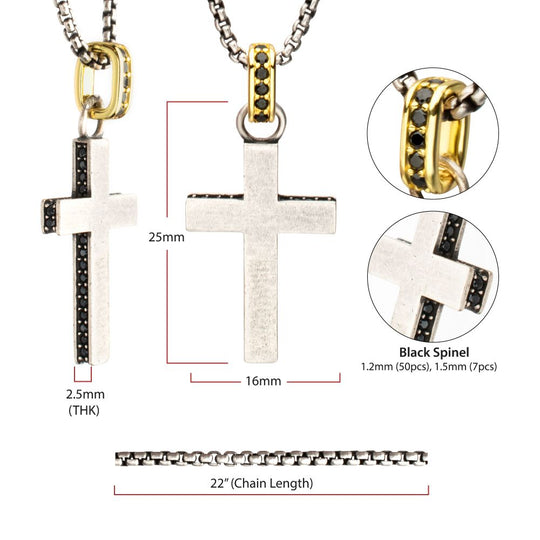 Men's Sterling Silver Cross Pendant with Black Spinel & Gold IP Bail
