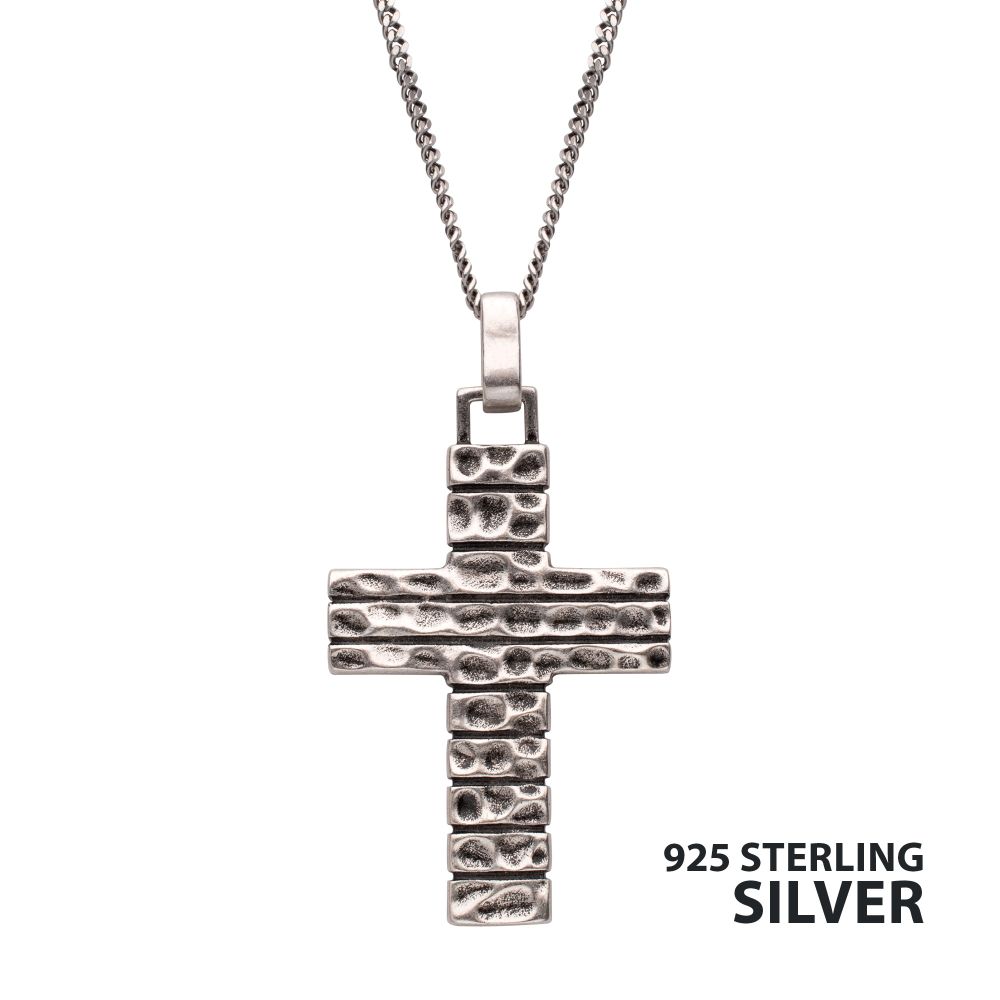 Men’s 925 Sterling Silver Hammered Cross Pendant with Box Chain