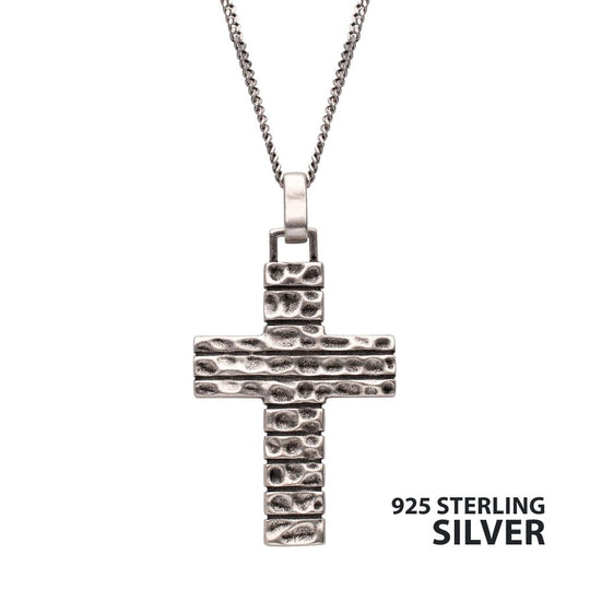 Men’s 925 Sterling Silver Hammered Cross Pendant with Box Chain