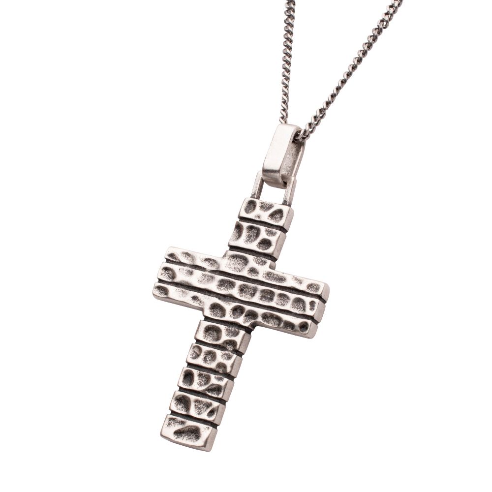 Men’s 925 Sterling Silver Hammered Cross Pendant with Box Chain