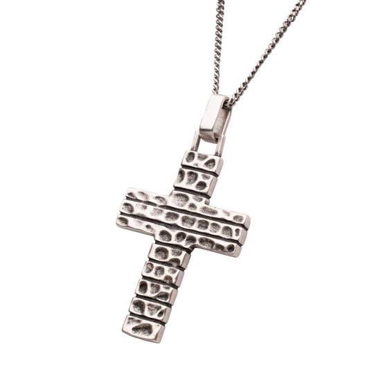 Men’s 925 Sterling Silver Hammered Cross Pendant with Box Chain