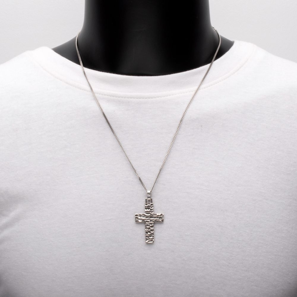 Men’s 925 Sterling Silver Hammered Cross Pendant with Box Chain