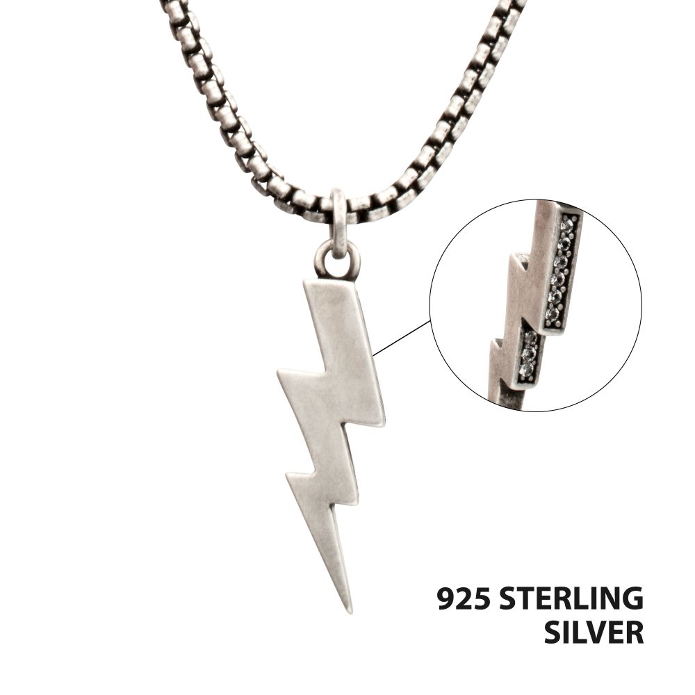 Men's Sterling Silver Lightning Bolt Pendant with White Sapphire