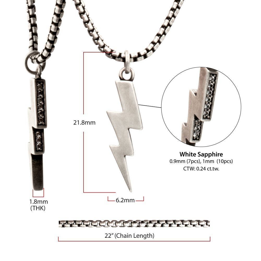 Men's Sterling Silver Lightning Bolt Pendant with White Sapphire