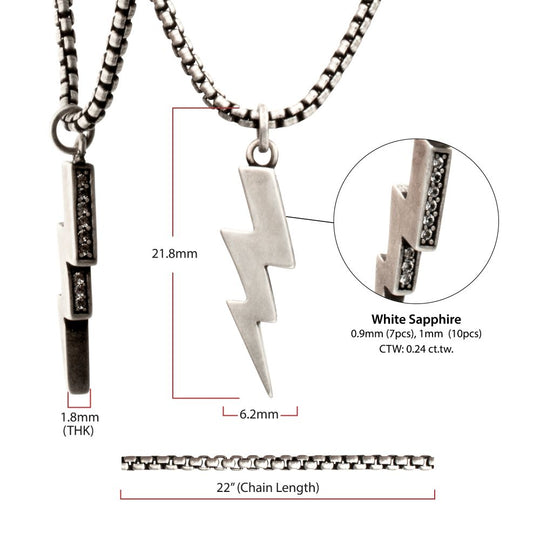 Men's Sterling Silver Lightning Bolt Pendant with White Sapphire