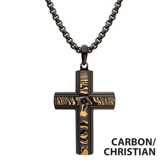 Men's Black IP Copper Carbon Cross Pendant with Black Sapphire & Box Chain