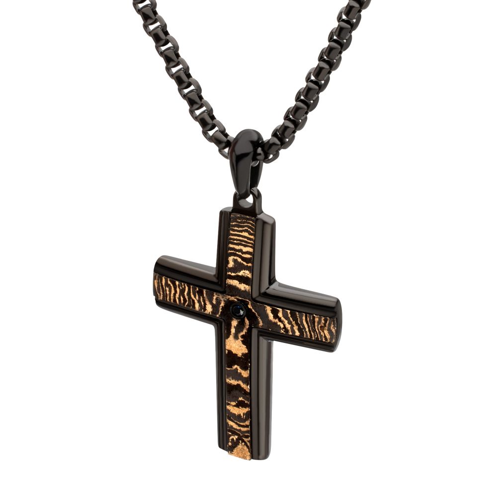 Men's Black IP Copper Carbon Cross Pendant with Black Sapphire & Box Chain