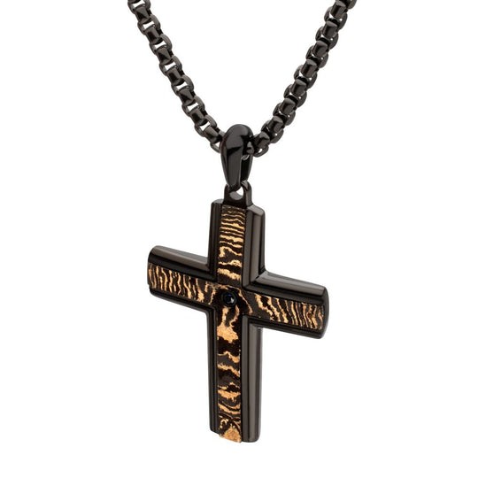 Men's Black IP Copper Carbon Cross Pendant with Black Sapphire & Box Chain