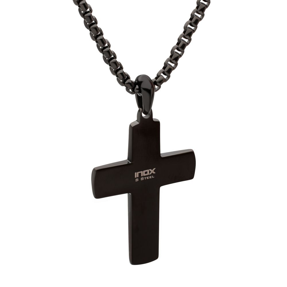 Men's Black IP Copper Carbon Cross Pendant with Black Sapphire & Box Chain