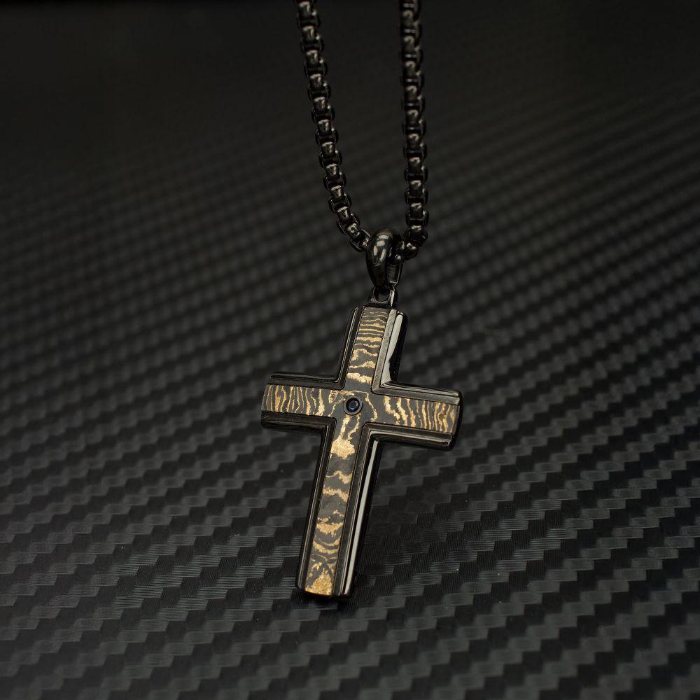 Men's Black IP Copper Carbon Cross Pendant with Black Sapphire & Box Chain