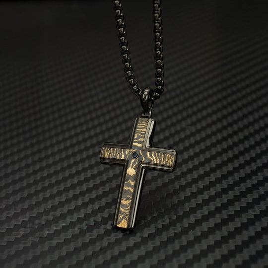 Men's Black IP Copper Carbon Cross Pendant with Black Sapphire & Box Chain