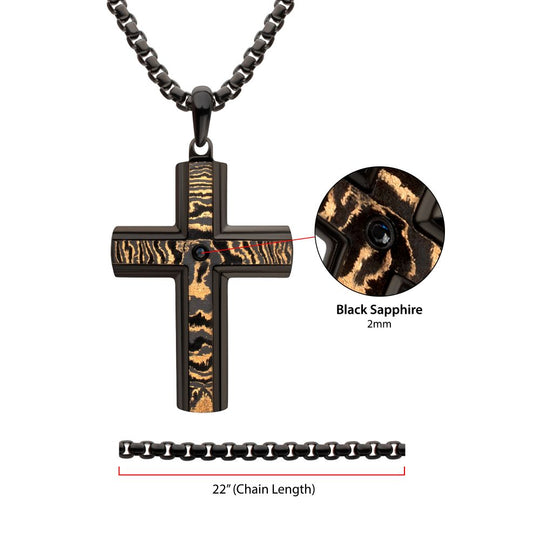 Men's Black IP Copper Carbon Cross Pendant with Black Sapphire & Box Chain