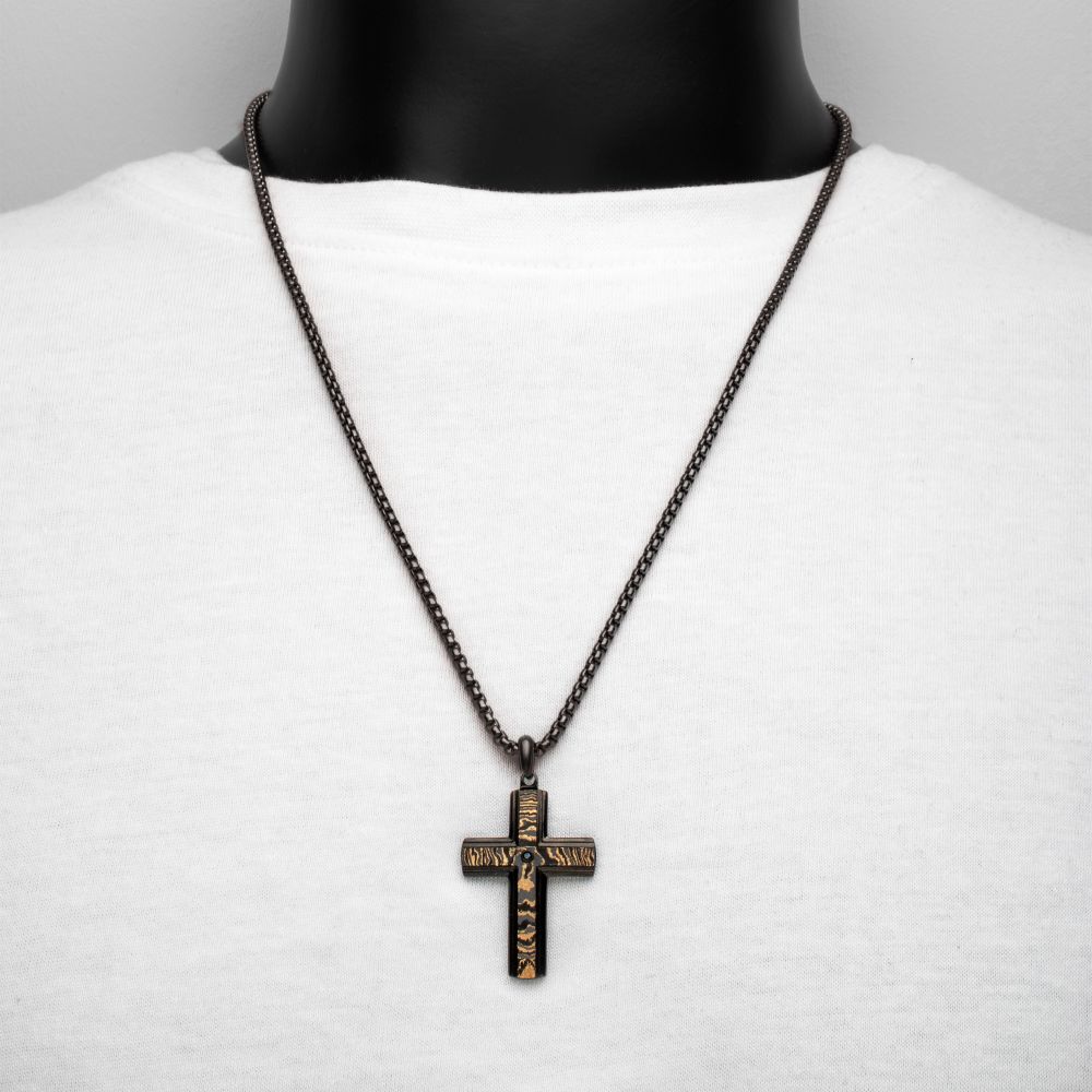 Men's Black IP Copper Carbon Cross Pendant with Black Sapphire & Box Chain